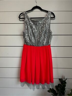 B Darlin Silver Sequin Bodice Red Pleated Skirt Party Dress
